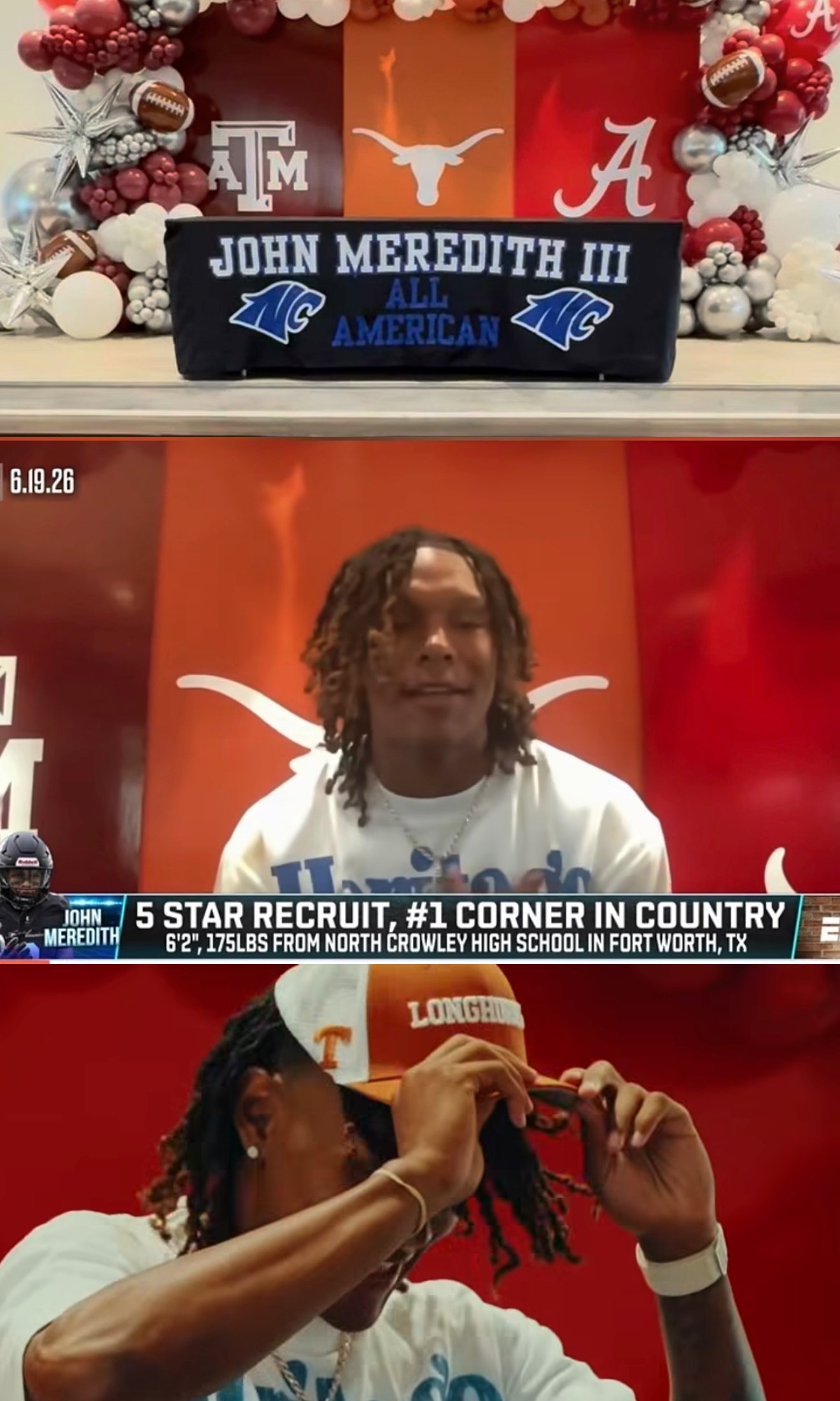 John Meredith III on ESPN, 5-star recruit and No. 1 corner, announcing his commitment to Texas