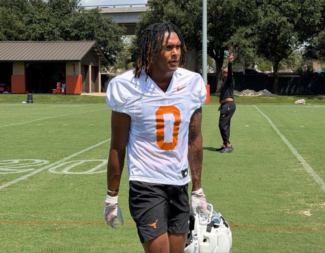 John Meredith III on the Texas practice field in his No. 0 jersey after arriving on campus