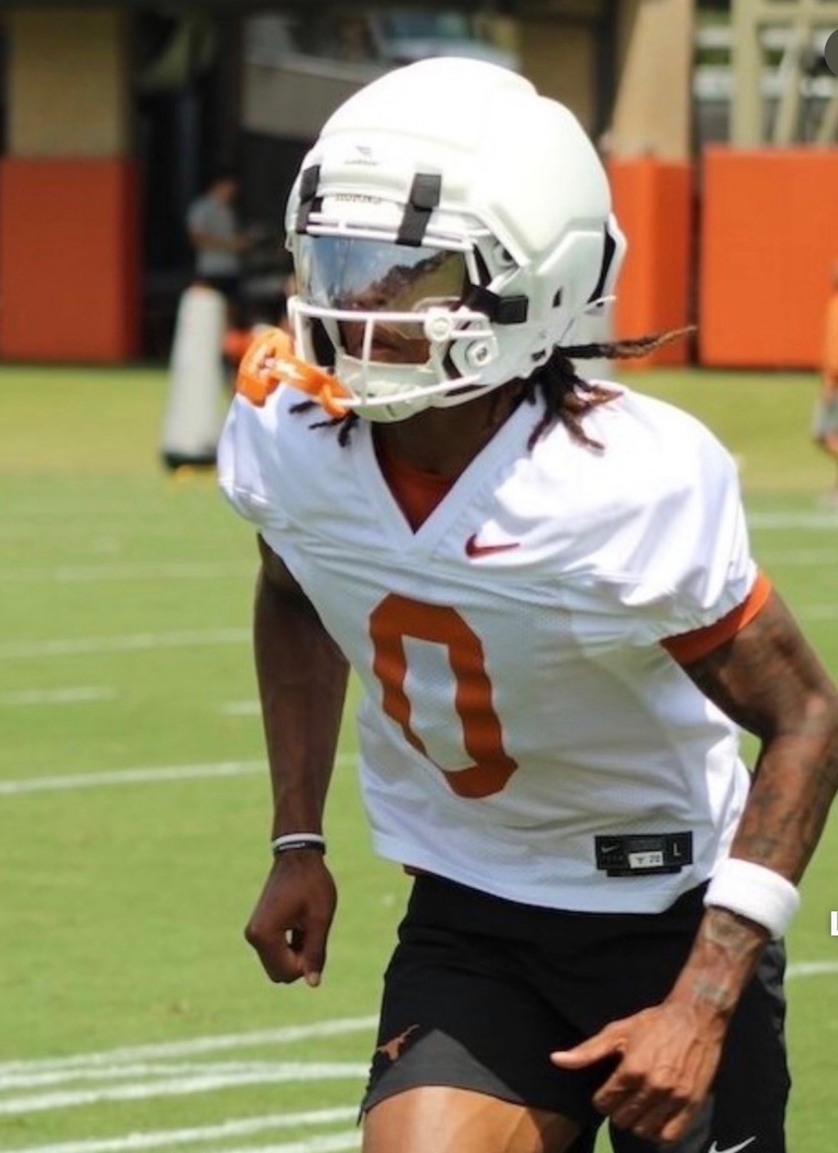 John Meredith III at Texas Longhorns practice in his No. 0 jersey